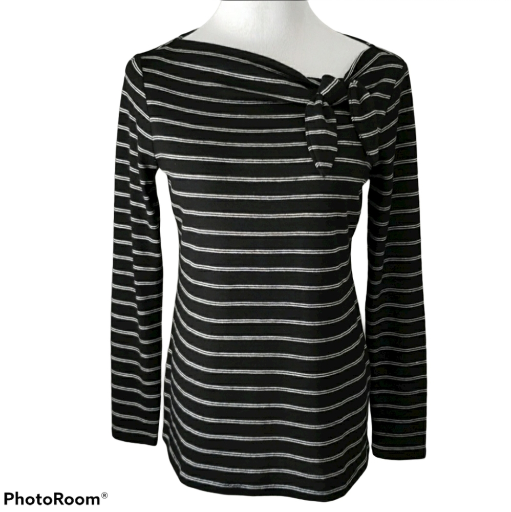 LOFT Sweater With Bow Neckline Black & White Striped Size MP